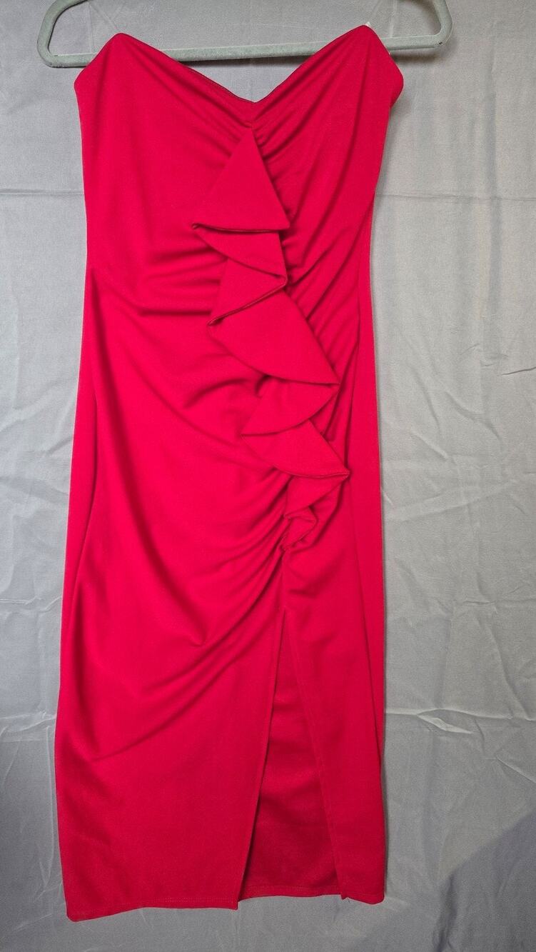 Fashion Nova Dress Womens Large Red Strapless Ruched Ruffle Bodycon Midi *flaw